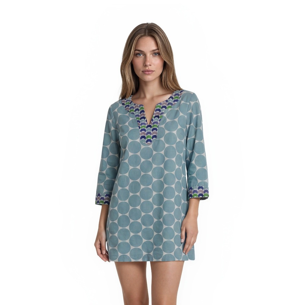 Boden Tunic Shift Dress Womens Size 10 Blue Geo Polka‎ Dot 100% Cotton Coverup